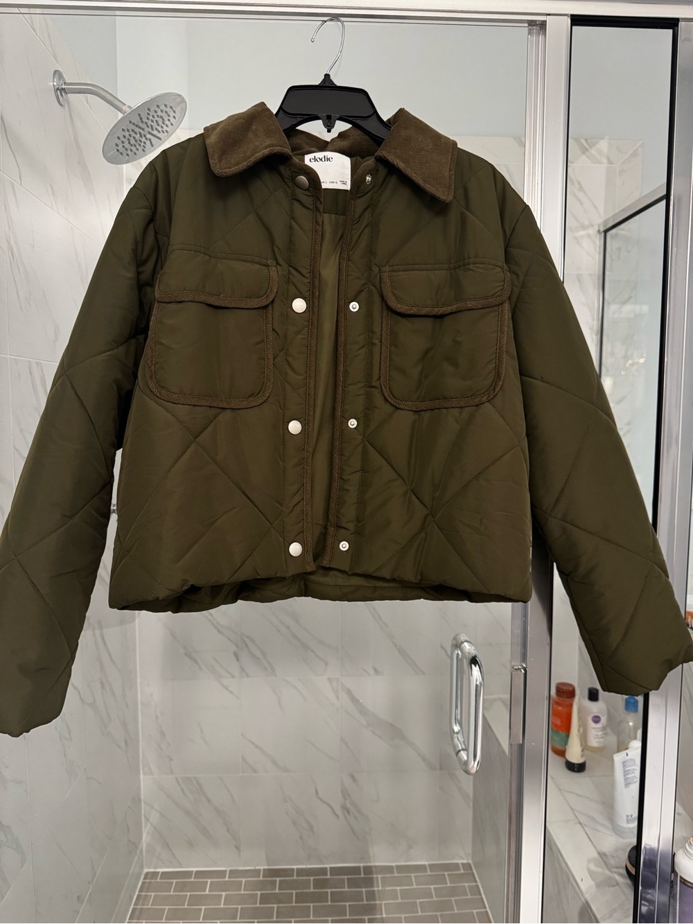 Elodie Olive Quilted Cropped Jacket with Corduroy Collar